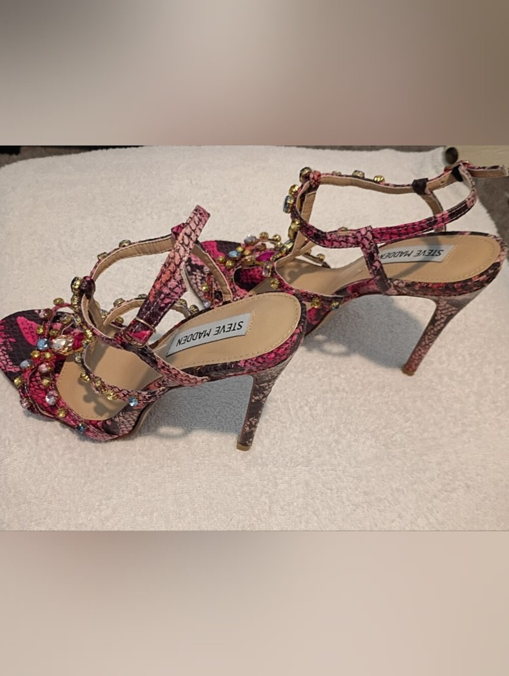 Steve Madden Women's 7.5 Pink Snakeskin Rhine Stone -Strappy Heels - Picture 2 of 10